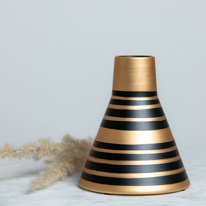 Sleek Black Cone Shaped Golden Stripes Table Decor Vase