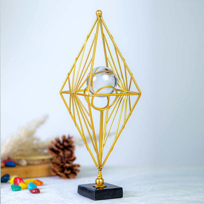 QBox Decor Golden Cuboid Shape Table Decor Showpiece with Crystal Ball