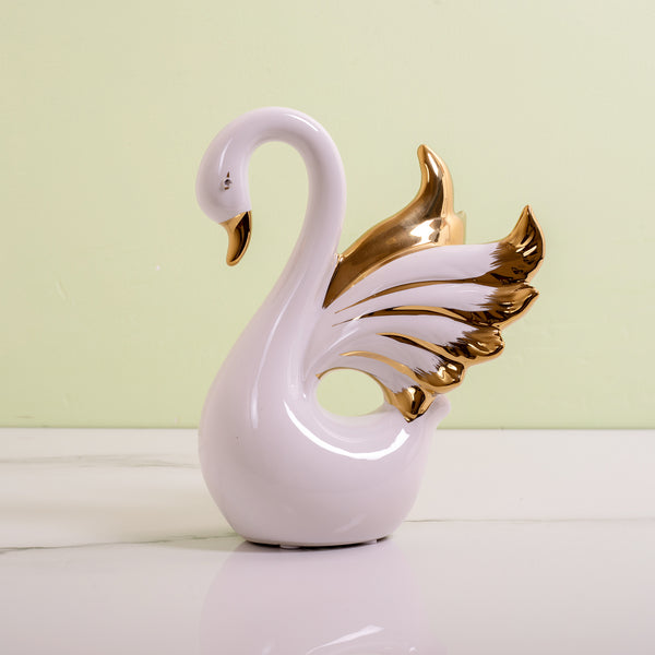 Golden Feather Swan White Ceramic  table Decor Piece (Big)