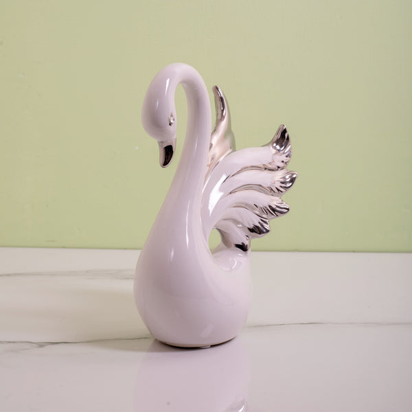 Silver Feather Swan White Ceramic  Table Decor Statue (Big)