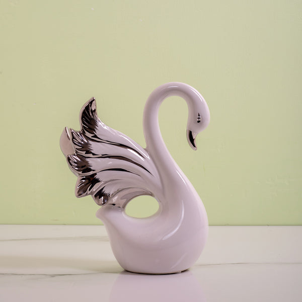 Silver Feather Swan White Ceramic  Table Decor Statue (Big)