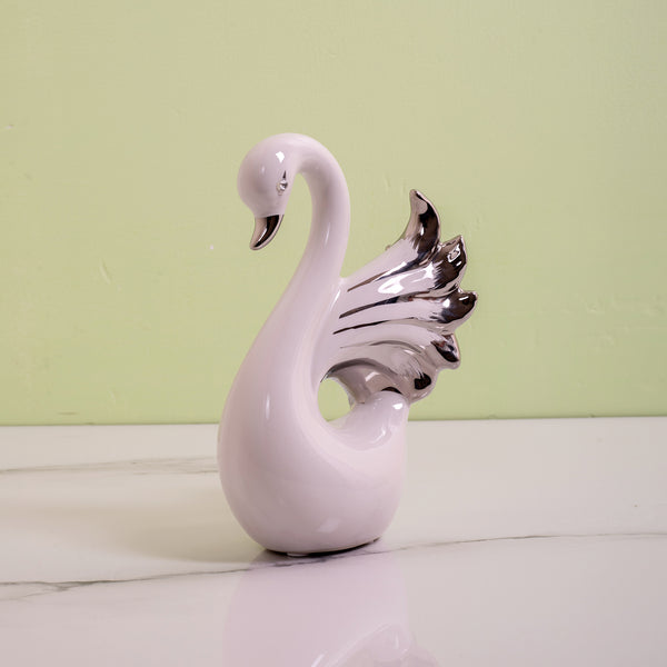 Silver Feather Swan White Ceramic Table Decor Showpiece (Medium)