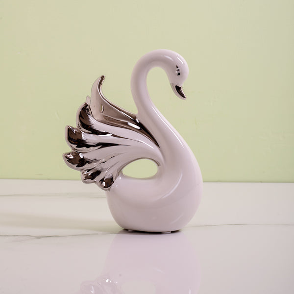 Silver Feather Swan White Ceramic Table Decor Showpiece (Medium)