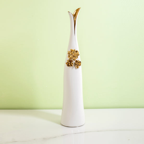 QBox Decor Tall Ceramic Flower Vase with Golden Floral Accent