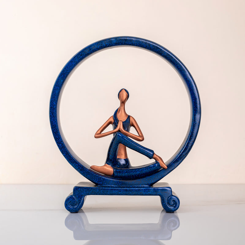 Golden Blue Yoga Lady Statue in Cross Leg Namaskar Pose