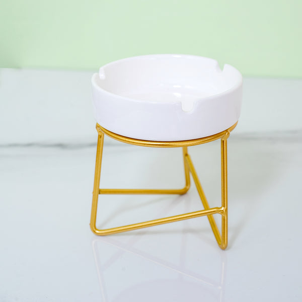 White Ceramic Ashtray with Golden Stand