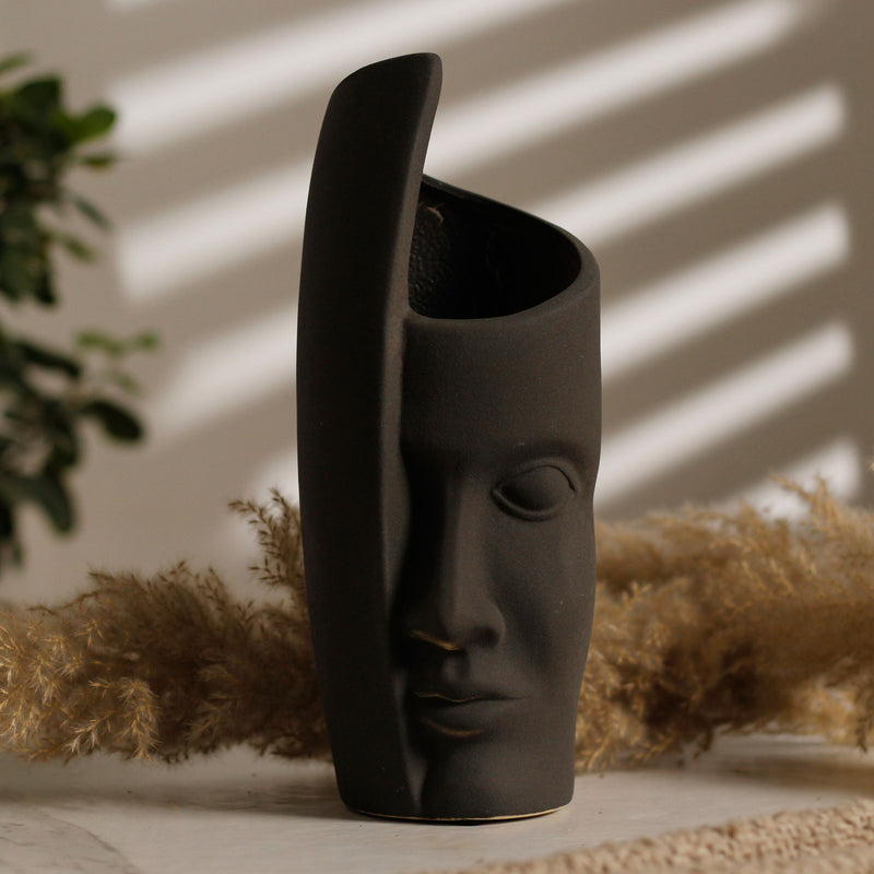 Bold Black Nero Face Shape Ceramic Vase